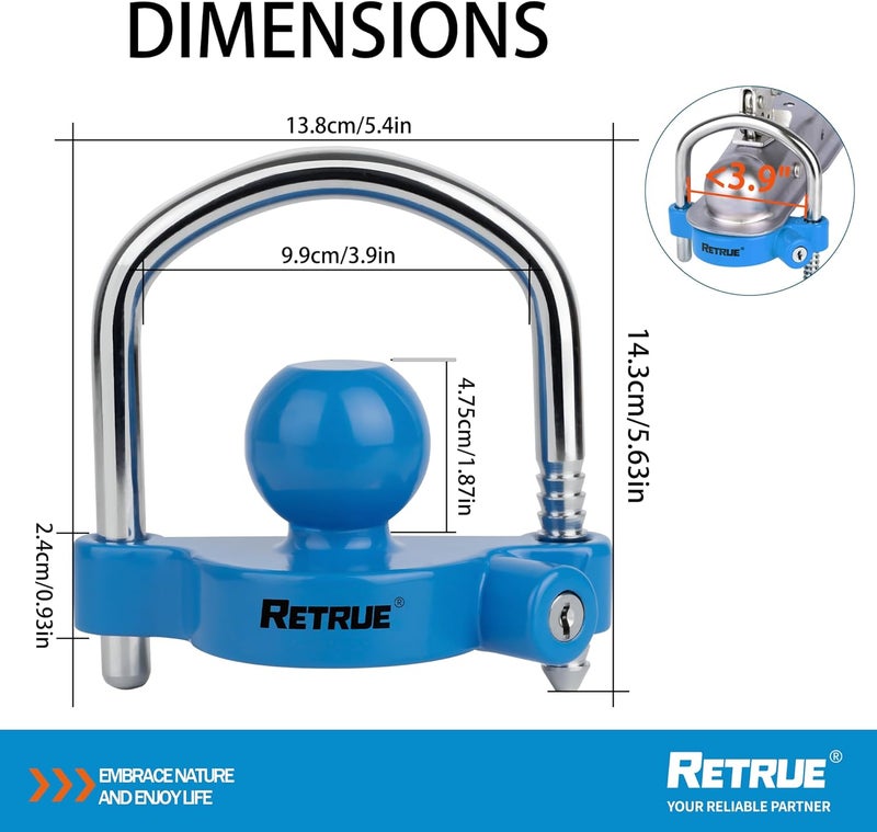 RETRUE Universal Coupler Lock Trailer Locks Ball Hitch Trailer Hitch Lock Adjustable Security Heavy-Duty Steel Fits 1-7/8 Inch, 2 Inch, 2-5/16 Inch Couplers Blue - Image 2